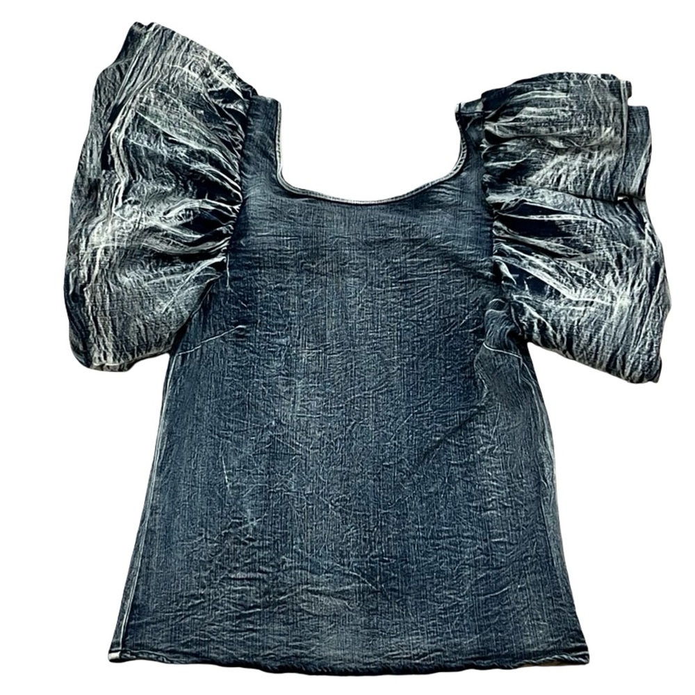 Medium Denim Stretchy and Fitted Ruffle Oversized Sleeve Small Boho Cottage